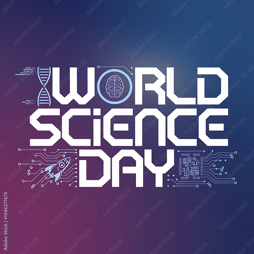 World Science Day Graphic with Circuit Board and Icons World Science Day Graphic with Circuit Board and Icons