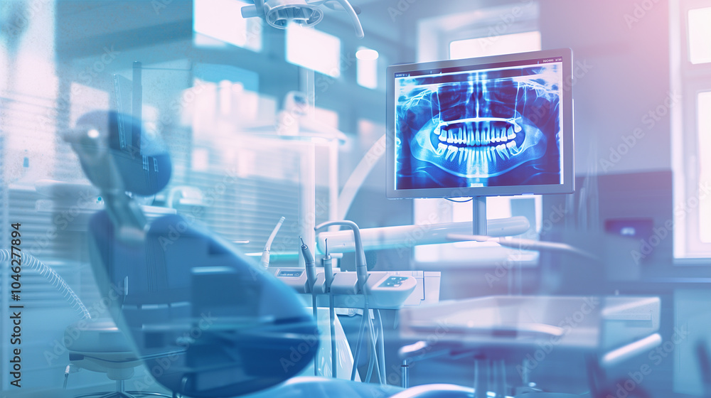 High-Tech Dental Clinic Room with Digital X-Ray Display and Modern Equipment High-Tech Dental Clinic Room with Digital X-Ray Display and Modern Equipment