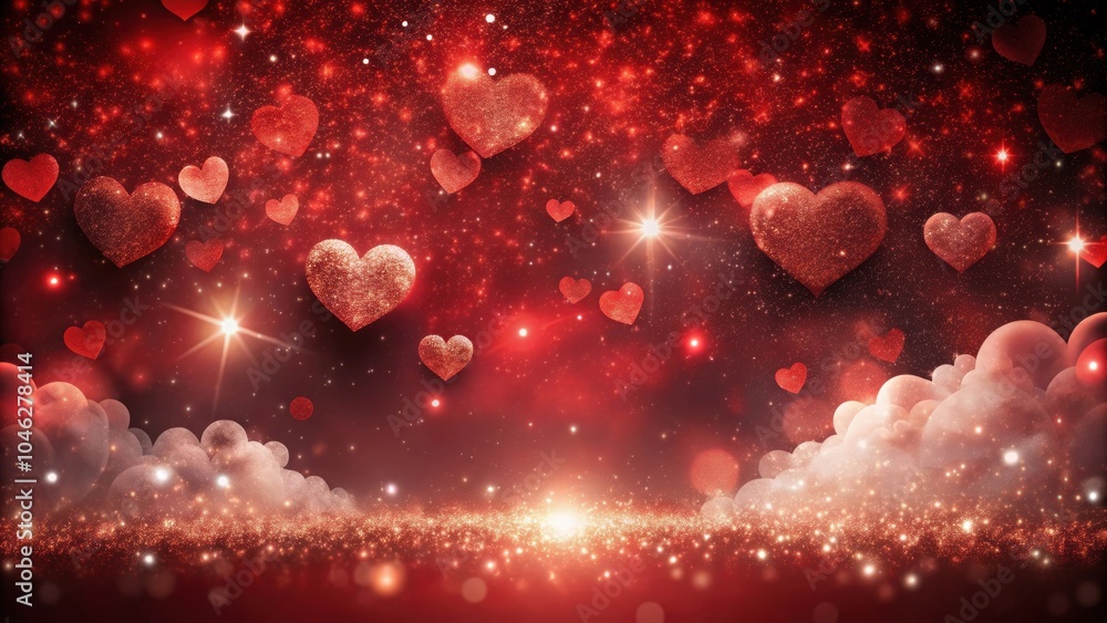 Obraz premium Valentine Hearts Sparkling Red Background with cloud shaped hearts and particles floating in a dark atmosphere, Valentine