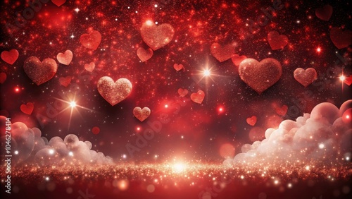 Valentine Hearts Sparkling Red Background with cloud shaped hearts and particles floating in a dark atmosphere, Valentine