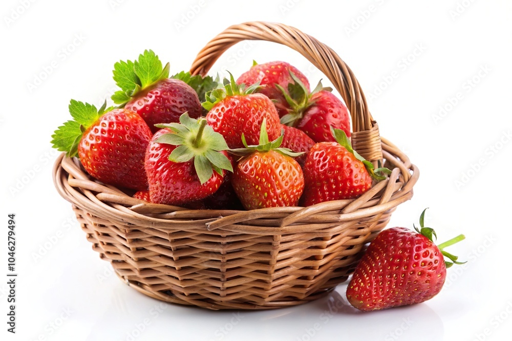 Red strawberries in a wicker basket isolated on white background with shallow depth of field Red strawberries in a wicker basket isolated on white background with shallow depth of field