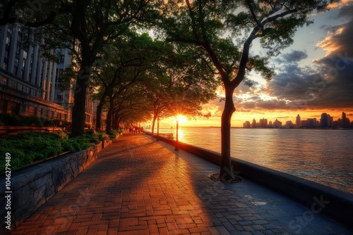 Battery Park Sunset: Romantic View of New York City's Park in Manhattan