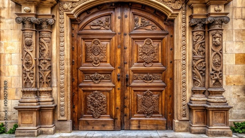 Wooden door with intricate carvings inside a peaceful Franciscan convent, wood, door, Franciscan, convent, interior