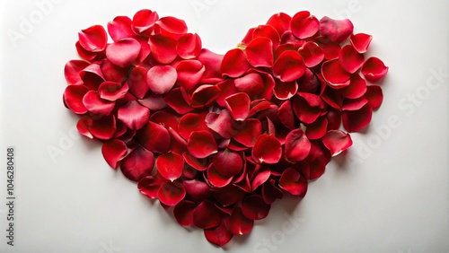 Romantic red rose petal heart on light background
