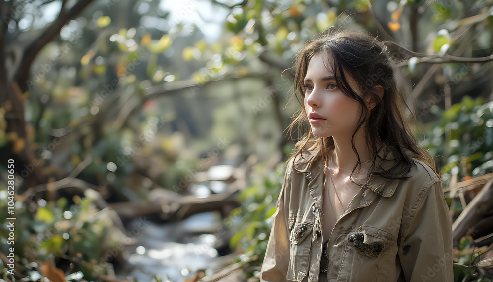Woman sitting in a forest surrounded by sunlight Woman sitting in a forest surrounded by sunlight