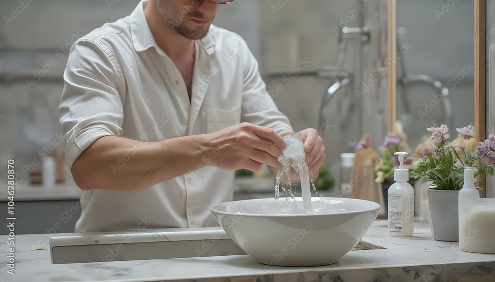 Man washing his hands in a modern bathroom sink Man washing his hands in a modern bathroom sink