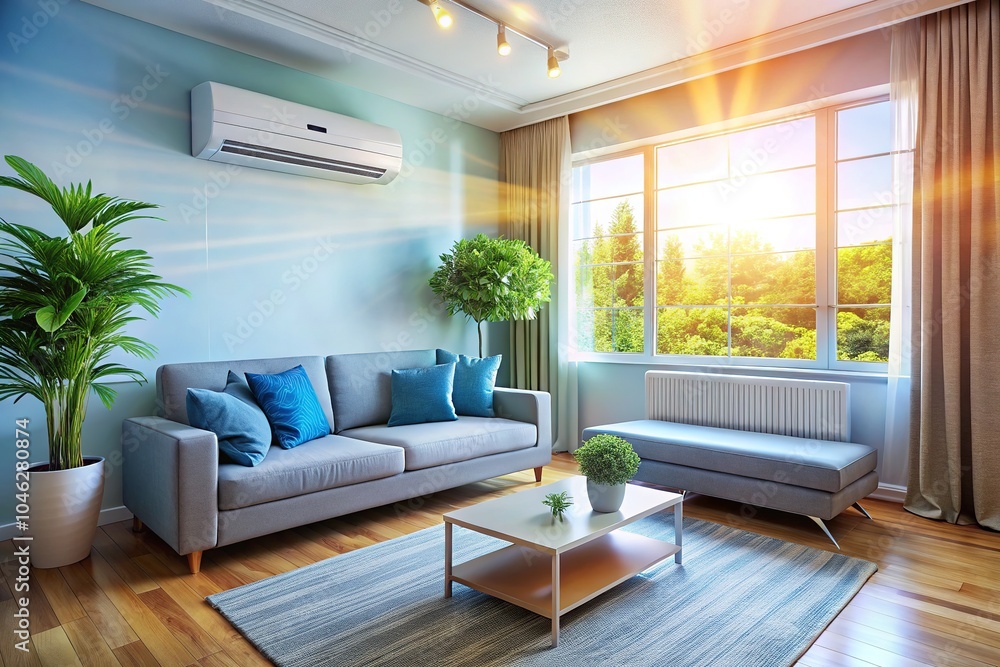 Fototapeta premium In a cozy, sunlit living room, a modern air conditioner provides refreshing, cool breezes, enhancing the atmosphere for ultimate comfort and relaxation throughout the day.