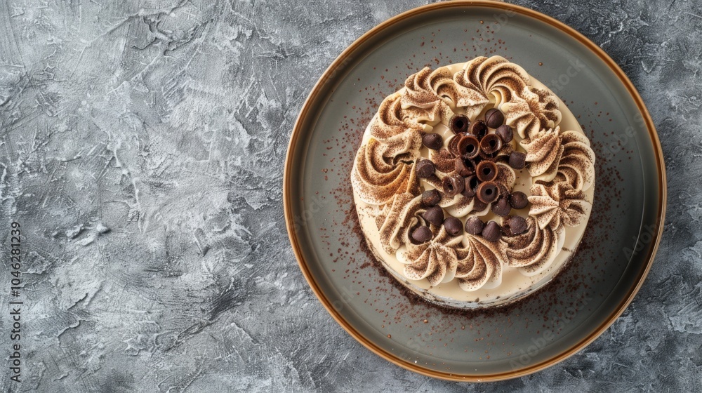 Artistic Temptation: Tiramisu Cake with Chocolate Swirls on Textured Plate Artistic Temptation: Tiramisu Cake with Chocolate Swirls on Textured Plate