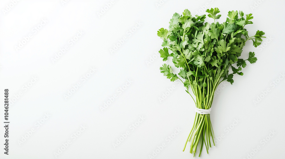 World Vegan Day concept,vibrant bunch of cilantro sits neatly on a white surface,showcasing its rich green color and fresh appearance,perfect for enhancing dishes,copy space
