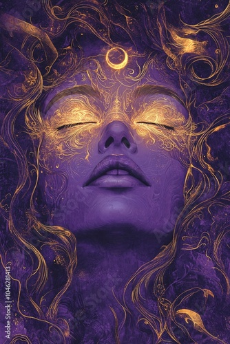 A mystical portrait of a dreamlike figure bathed in ethereal golden light and surrounded by swirling cosmic elements capturing the essence of inner peace and spiritual awakening