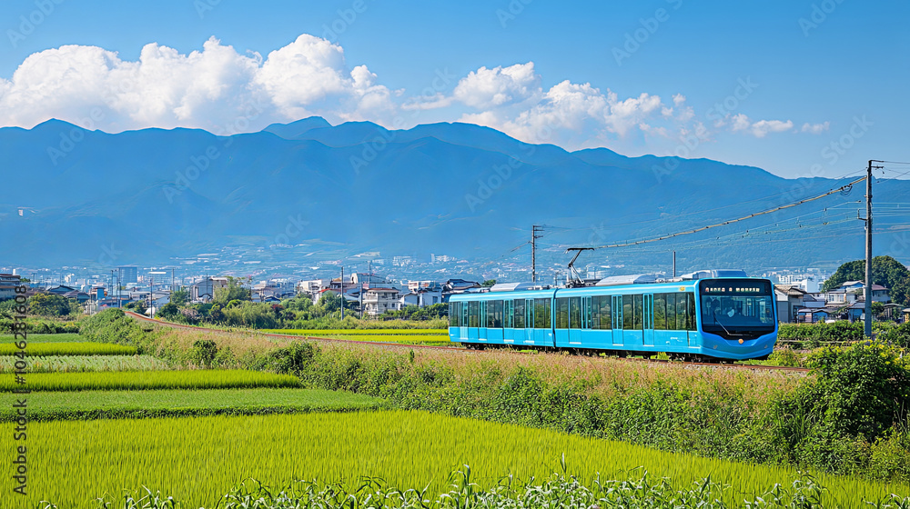 scenic view of blue train traveling through lush green fields with mountains in background. bright sky and vibrant landscape create serene atmosphere scenic view of blue train traveling through lush green fields with mountains in background. bright sky and vibrant landscape create serene atmosphere