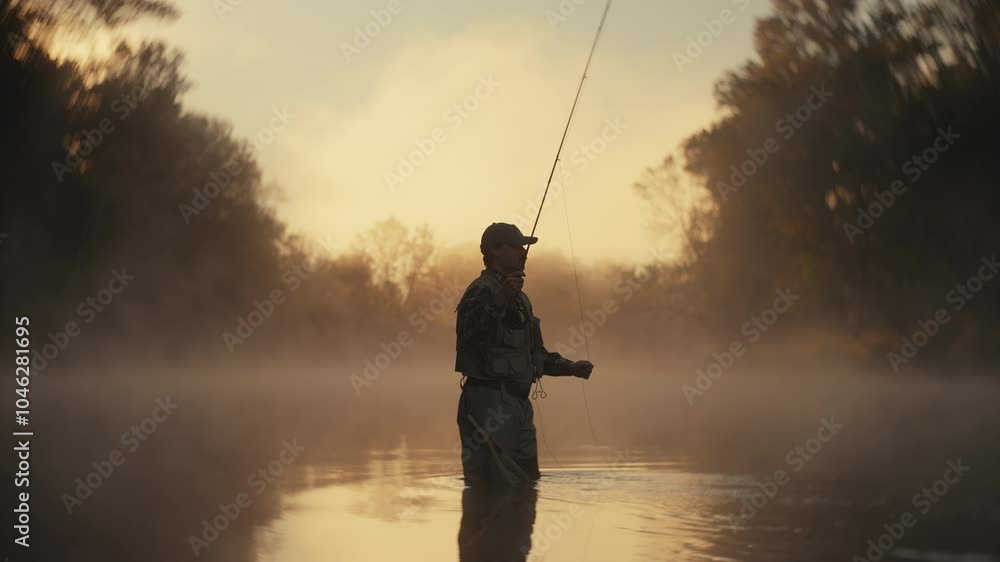 Young fly fisherman casting on a foggy river at sunrise Young fly fisherman casting on a foggy river at sunrise
