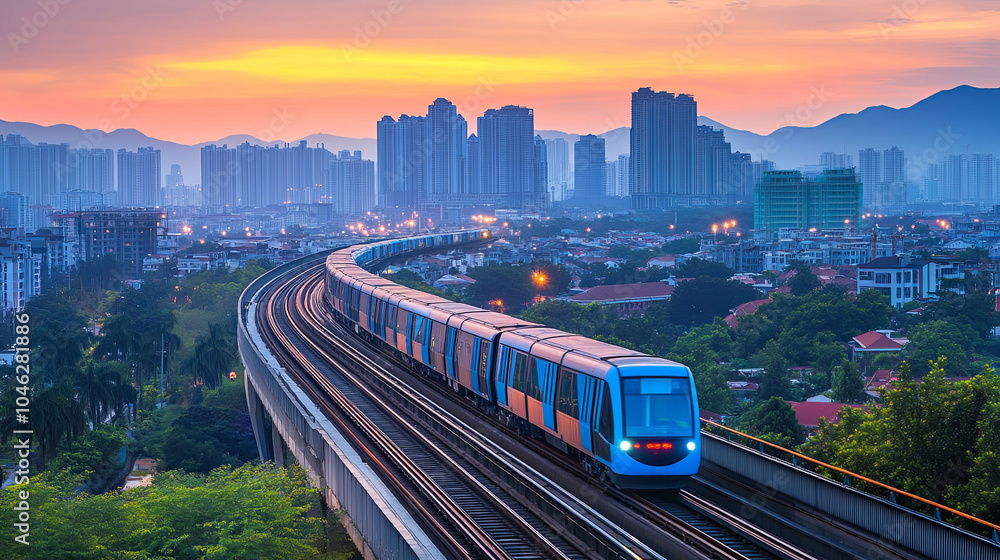 Naklejka premium high speed sky train glides smoothly through vibrant cityscape at sunset, surrounded by towering buildings and lush greenery. scene captures dynamic blend of urban life and nature
