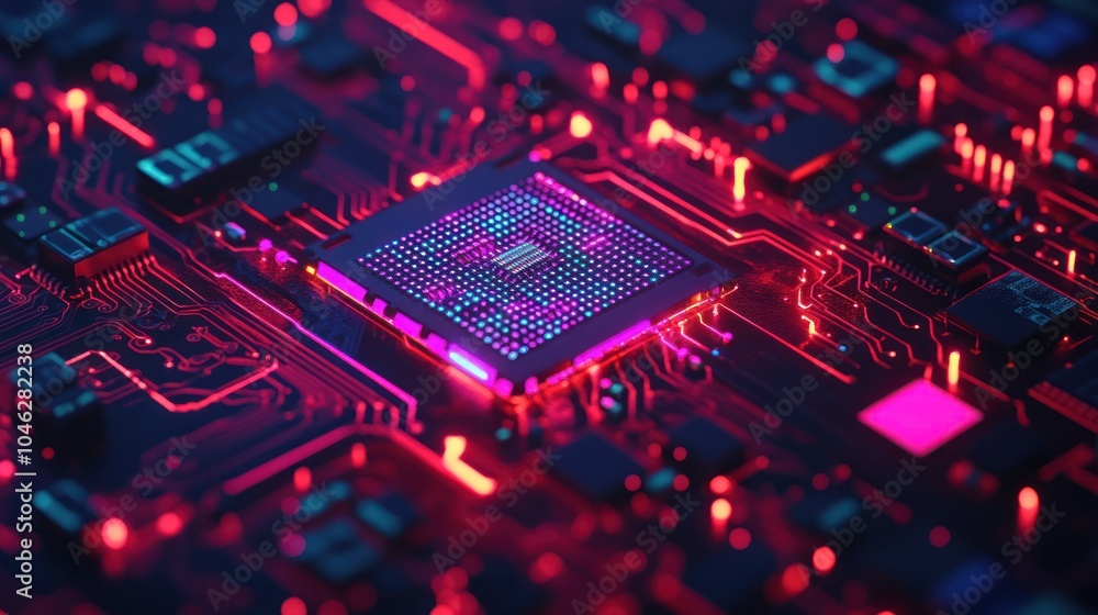 Close Up of a Motherboard with Red and Blue Light Close Up of a Motherboard with Red and Blue Light