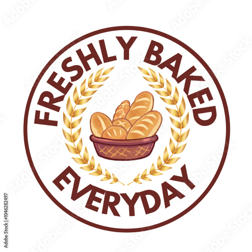 A vector logo of "Freshly Baked Everyday" featuring a basket of various types of bread, highlighting fresh bakery products. Perfect for bakery branding, packaging, or advertising.