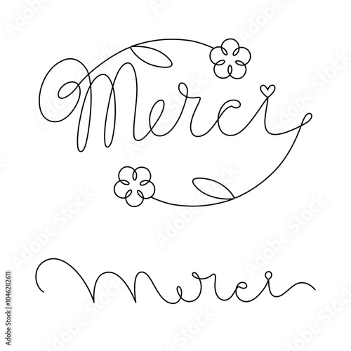 Merci lettering drawn with one continuous line in minimalism. French language. Editable vector outline