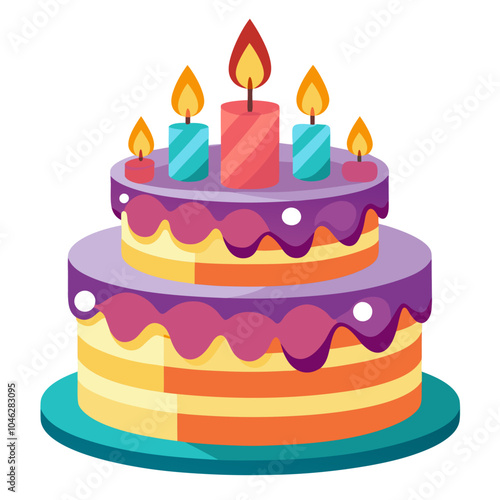 an illustration of a colorful birthday cake. It has two tiers with purple icing draped over the edges. The cake itself is striped with shades of orange and yellow. On top, there are five lit candles