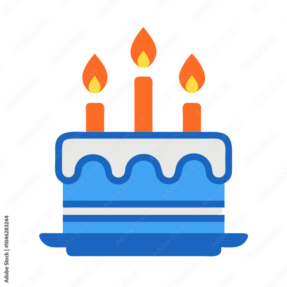 Obraz premium an illustration of a birthday cake. The cake is blue with white icing on top, and it is placed on a blue plate. There are three lit candles on top of the cake, each with an orange base and a yellow 