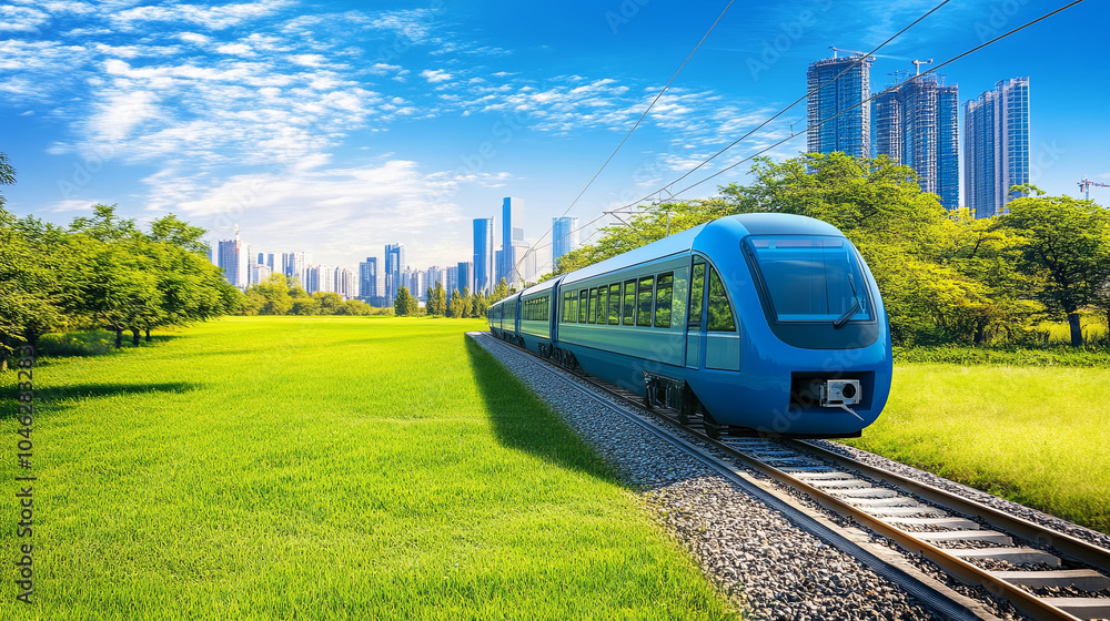 Naklejka premium futuristic sky train system travels through vibrant green landscape, showcasing blend of nature and modern architecture. scene captures harmony between technology and environment