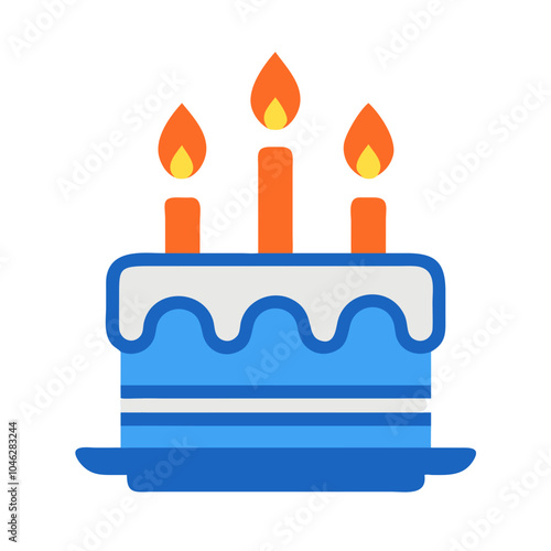  an illustration of a birthday cake. The cake is blue with white icing on top, and it is placed on a blue plate. There are three lit candles on top of the cake, each with an orange base and a yellow 