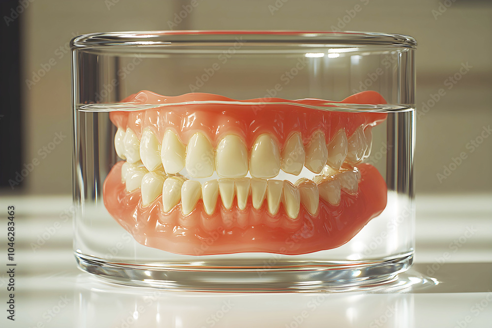 A realistic set of dentures submerged in a glass container, showcasing the intricate details of the artificial teeth. A realistic set of dentures submerged in a glass container, showcasing the intricate details of the artificial teeth.