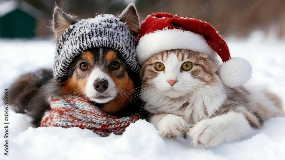 Dog and Cat Wearing Winter Hats in Snow Dog and Cat Wearing Winter Hats in Snow