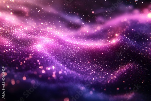 A vibrant cosmic scene featuring swirling waves of purple and pink stardust scattered across a dark background, evoking the beauty of the universe.