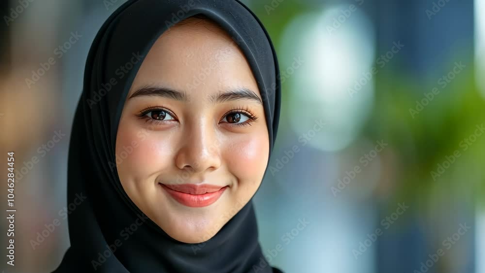 A woman wearing a black hijab smiles warmly at the camera A woman wearing a black hijab smiles warmly at the camera