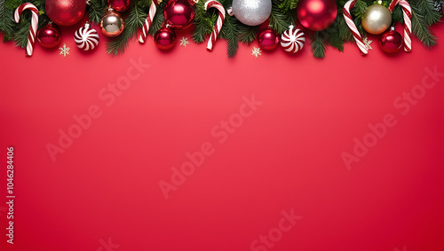 Christmas background with red balls, red christmas background copy space, red decoration xmas background