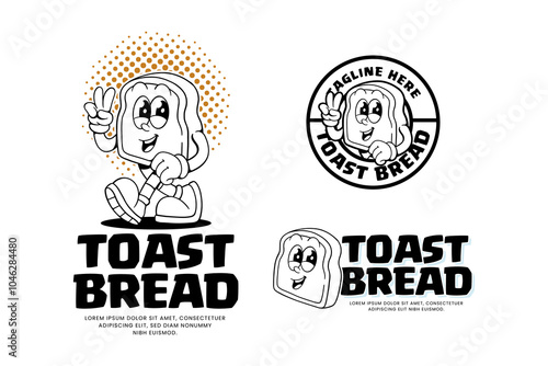 toast bread bakery outline retro cartoon character mascot illustration with walking pose and showing peace hand for pastry, dessert, restaurant, bake shop mascots and merchandise