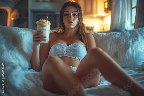 A sexy woman holding a delicious smootie, lying on the sofa. photo