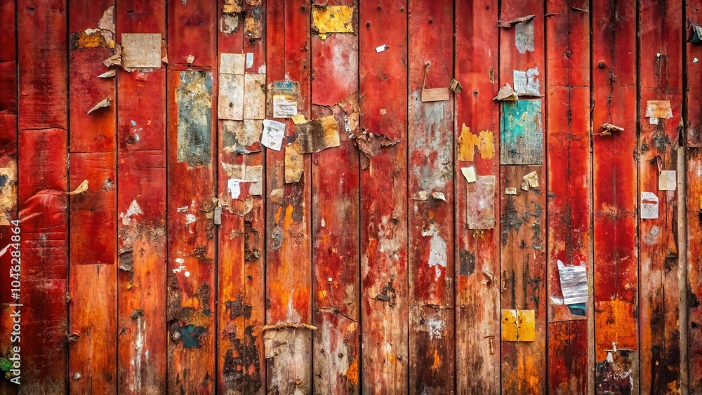 A weathered wooden surface with a layered history, revealing a tapestry of faded red paint, peeling paper, and the remnants of forgotten messages. A weathered wooden surface with a layered history, revealing a tapestry of faded red paint, peeling paper, and the remnants of forgotten messages.