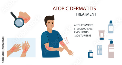 caucasian man suffers from atopic dermatitis. Neurodermatitis symptoms and reasons infographic. Human skin infection dermatitis diagnosis. Vector doodle hand drawn flat illustration	
