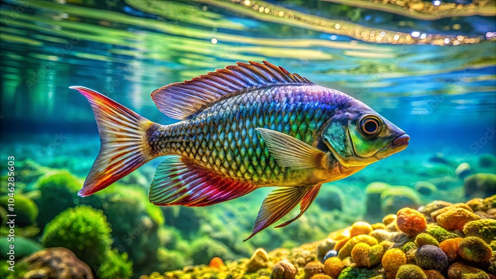 A vibrant fish with iridescent scales swims through a shallow underwater world, its fins shimmering with an array of colors A vibrant fish with iridescent scales swims through a shallow underwater world, its fins shimmering with an array of colors