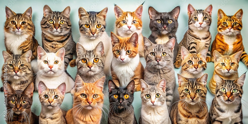Fototapeta premium Stunning knolling photography features an array of global cat breeds displayed against minimalistic backgrounds, captivating pet lovers and animal enthusiasts with vibrant charm.