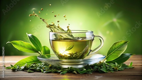 Soothing splash of aromatic green tea with tea leaves reflected in water