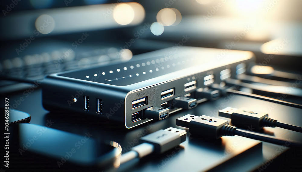 Sleek USB hub with multiple ports connected to various devices, showcasing modern design and functionality in a tech-focused setup. Sleek USB hub with multiple ports connected to various devices, showcasing modern design and functionality in a tech-focused setup.