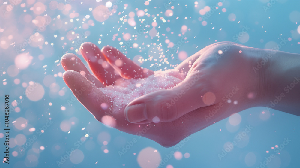Open hand catching magical glitter particles in soft pastel light setting Open hand catching magical glitter particles in soft pastel light setting