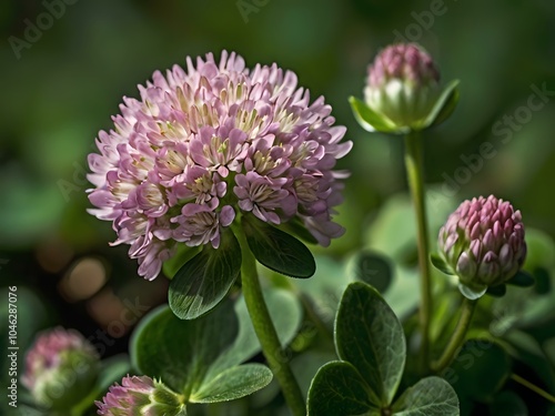 Close-up photo of clover flowers taken in the garden next to the house