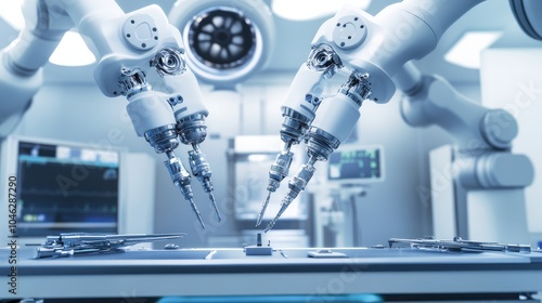 Robotic arms assisting in surgery with automated precision, surrounded by advanced medical tools, isolated photo