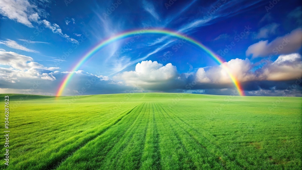 Sunny day with rainbow over a lush green grass field and beautiful blue sky Sunny day with rainbow over a lush green grass field and beautiful blue sky