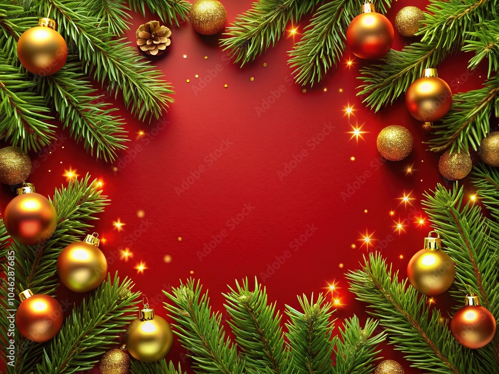This exquisite festive frame features shimmering gold ornaments and vibrant pine branches on a rich red backdrop, creating a beautiful holiday atmosphere. This exquisite festive frame features shimmering gold ornaments and vibrant pine branches on a rich red backdrop, creating a beautiful holiday atmosphere.