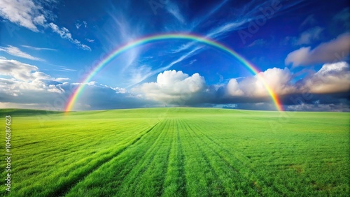 Sunny day with rainbow over a lush green grass field and beautiful blue sky