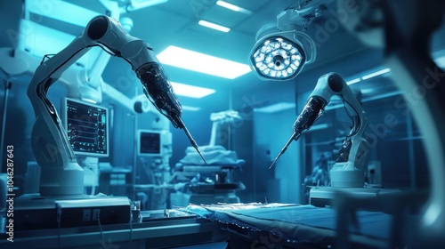 Robotic surgery in progress, with precise robotic arms performing a complex operation in a state-of-the-art medical environment photo