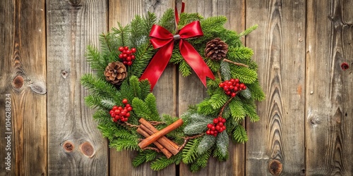 A festive evergreen wreath adorned with red berries, cinnamon sticks, and pine cones, resting against a weathered wooden backdrop.