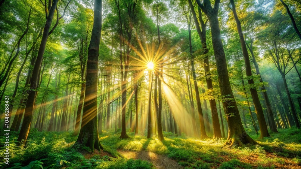 Sunlight Illuminates a Serene Forest Path, Golden Rays Filtering Through the Canopy, Creating a Mystical Atmosphere Sunlight Illuminates a Serene Forest Path, Golden Rays Filtering Through the Canopy, Creating a Mystical Atmosphere