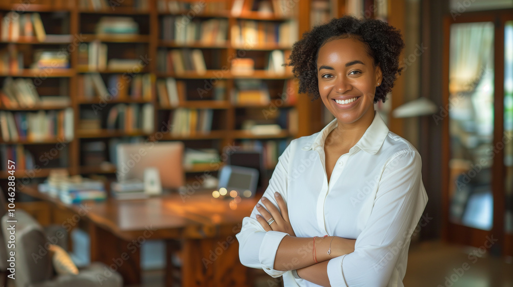 Confident woman standing in cozy library workspace filled with books and warm lighting Confident woman standing in cozy library workspace filled with books and warm lighting