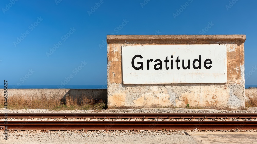 Fototapeta premium Gratitude Signpost: A weathered signpost stands tall against a vibrant blue sky, proclaiming 