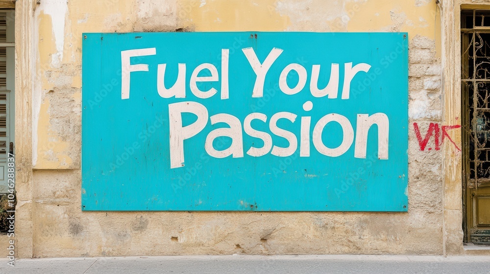 Fuel Your Passion: Inspirational Teal Sign on Urban Wall Fuel Your Passion: Inspirational Teal Sign on Urban Wall