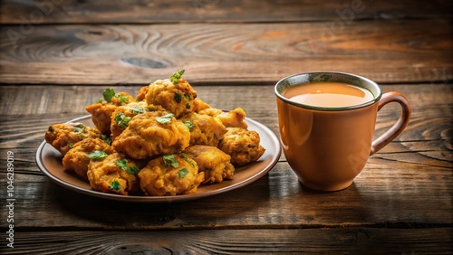 Traditional Indian snacks of chai, pakora, and bhajiya served on a plate against a wooden background photo